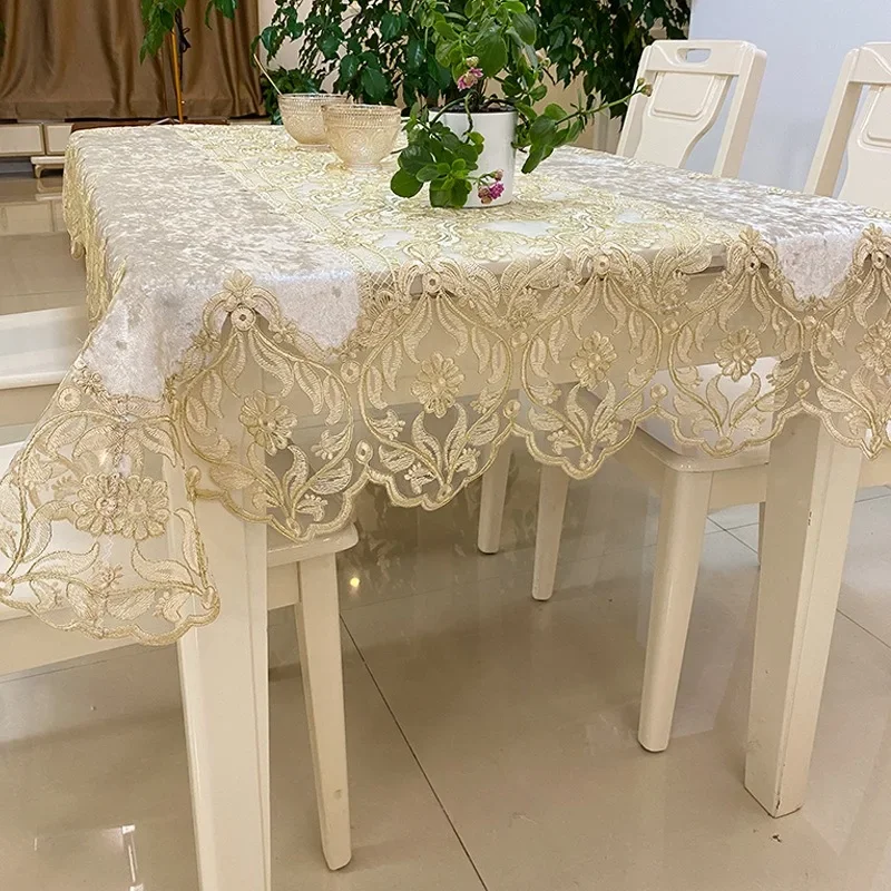 Rectangle Table Cloth Gold Velvet Dressing Table Juppe Dining Table Cover TableCloth Embroidered Lace Dust Cover Home decoration