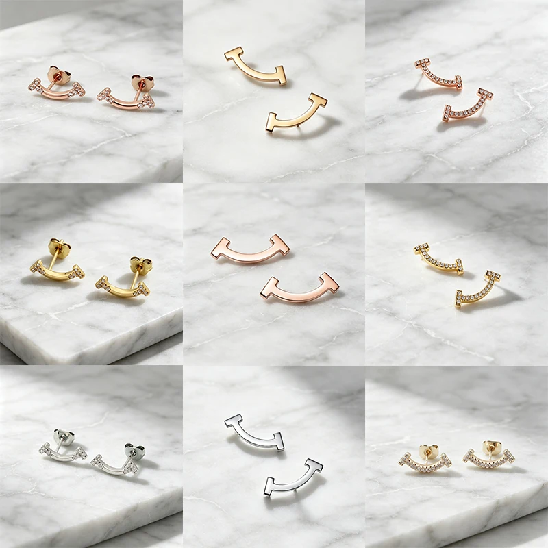 Curved Smile Stud Earrings, Rhodium Plated, Inlaid Cubic Zirconia, Minimalist Arc Shape Ear Jewelry for Women Daily Wear