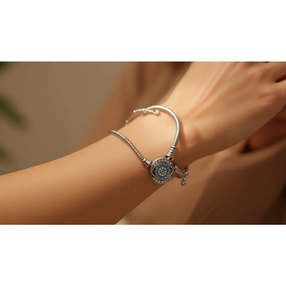 

Браслет из стерлингового серебра с цепочкой-змейкой и синим оберегом от сглаза, инкрустированный кубическим цирконием 5А, для женщин и подростков