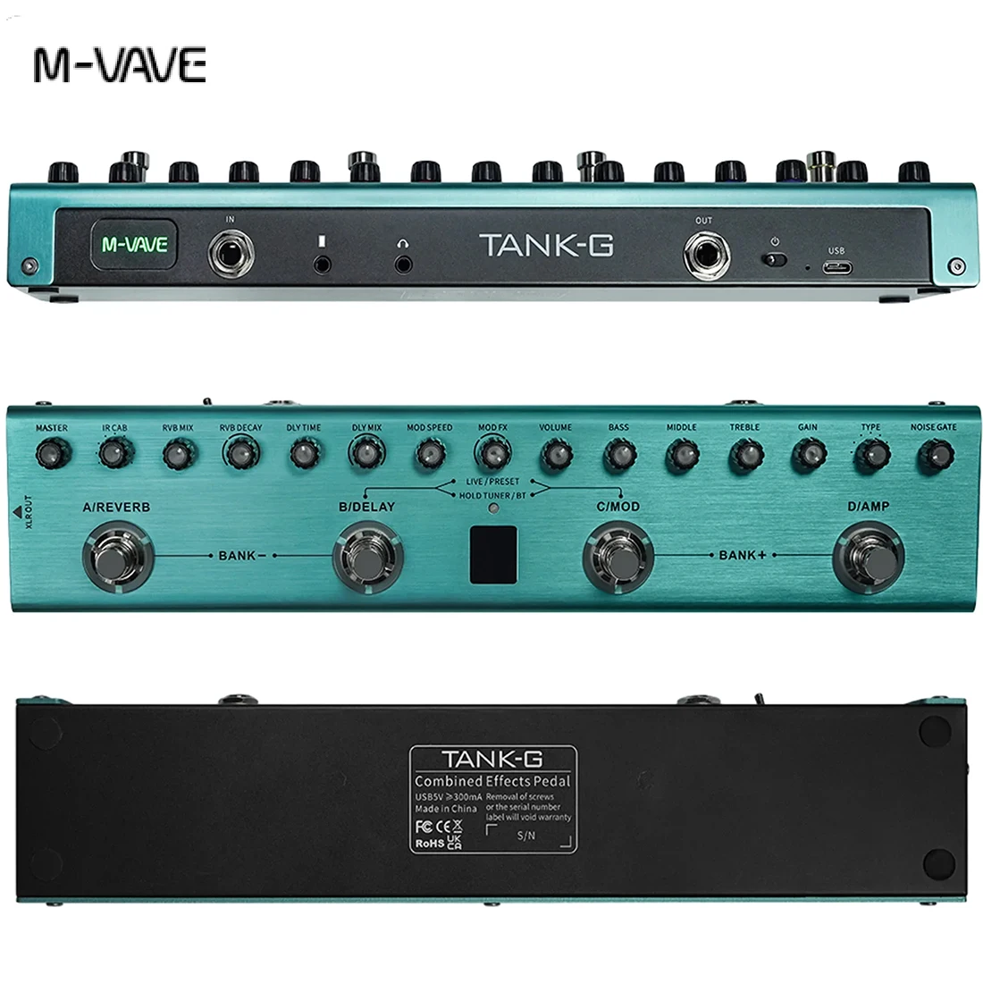 M-vave 탱크-G 기타 멀티 이펙트 페달, 36 프리셋, 9 프리앰프 슬롯, 3 밴드 EQ,8 IR 캡 슬롯, 3 변조, 지연, 리버브 효과 