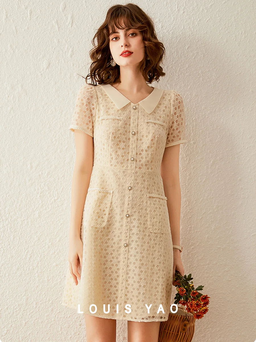 

LOUIS YAO 2025 Summer Sweet Age Reducing Collar Lace Skirt Fashion Style Imitation Pearl Slimming Women's Dress
