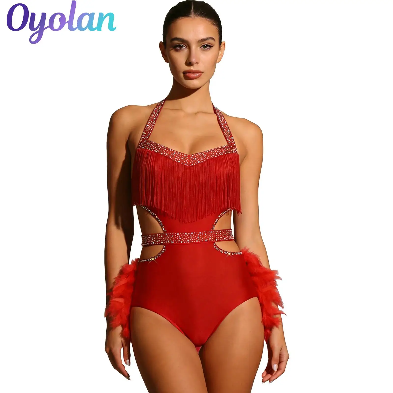 إمرأة لامع حجر الراين اللاتينية رومبا السامبا ملابس رقص الجمباز بذلة الاسبانية زي فو ريشة لهجة الرسن عارية الذراعين ارتداءها #1