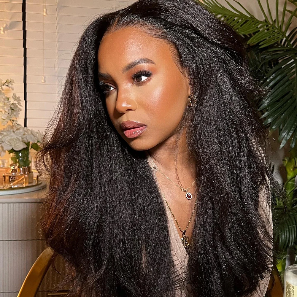 Yaki-Perruque Lace Front Wig Sans Colle Douce, 26 Pouces de Long, Noire, Crépue, Lisse, Naturelle, Naissance des Cheveux, Densité 180, pour Femme