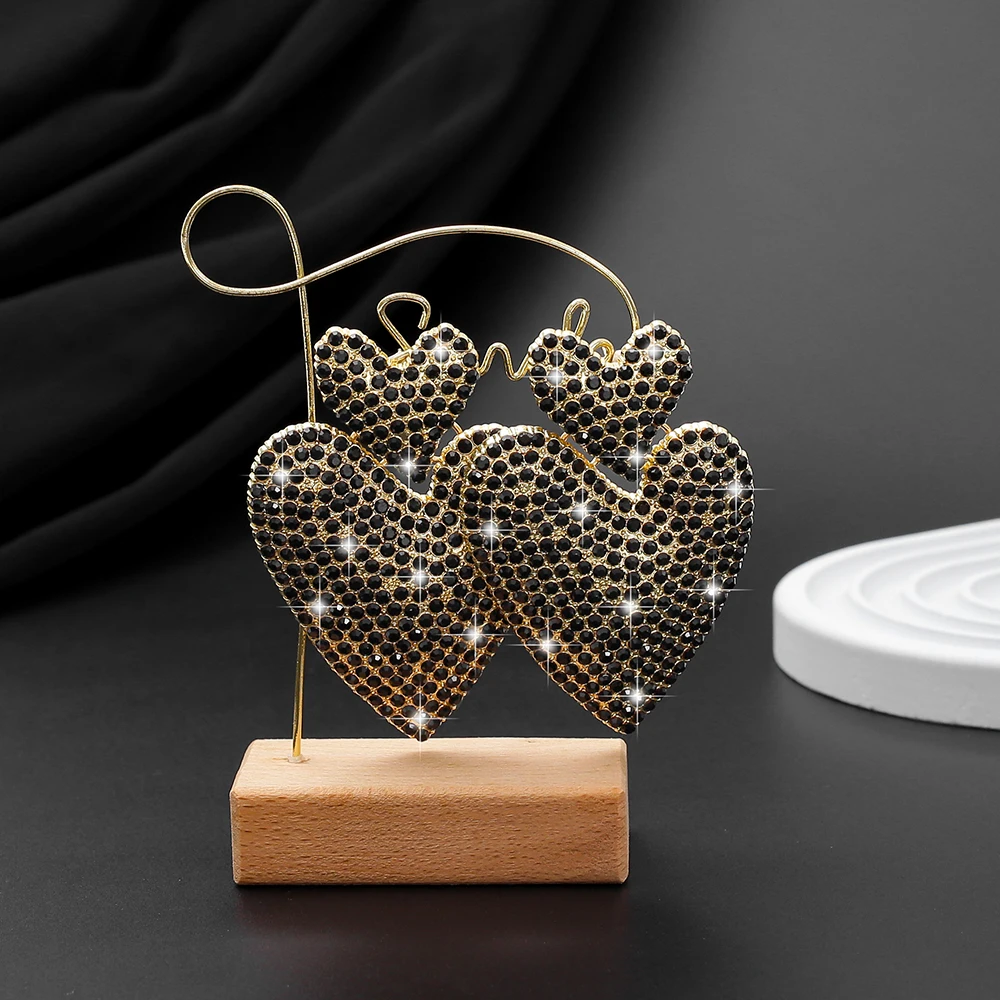 Metal Inlaid Rhinestone Large Dangle Drop Heart Earrings For Women Vintage Elegant Valentine Day Gift Ladies Stud Jewelry