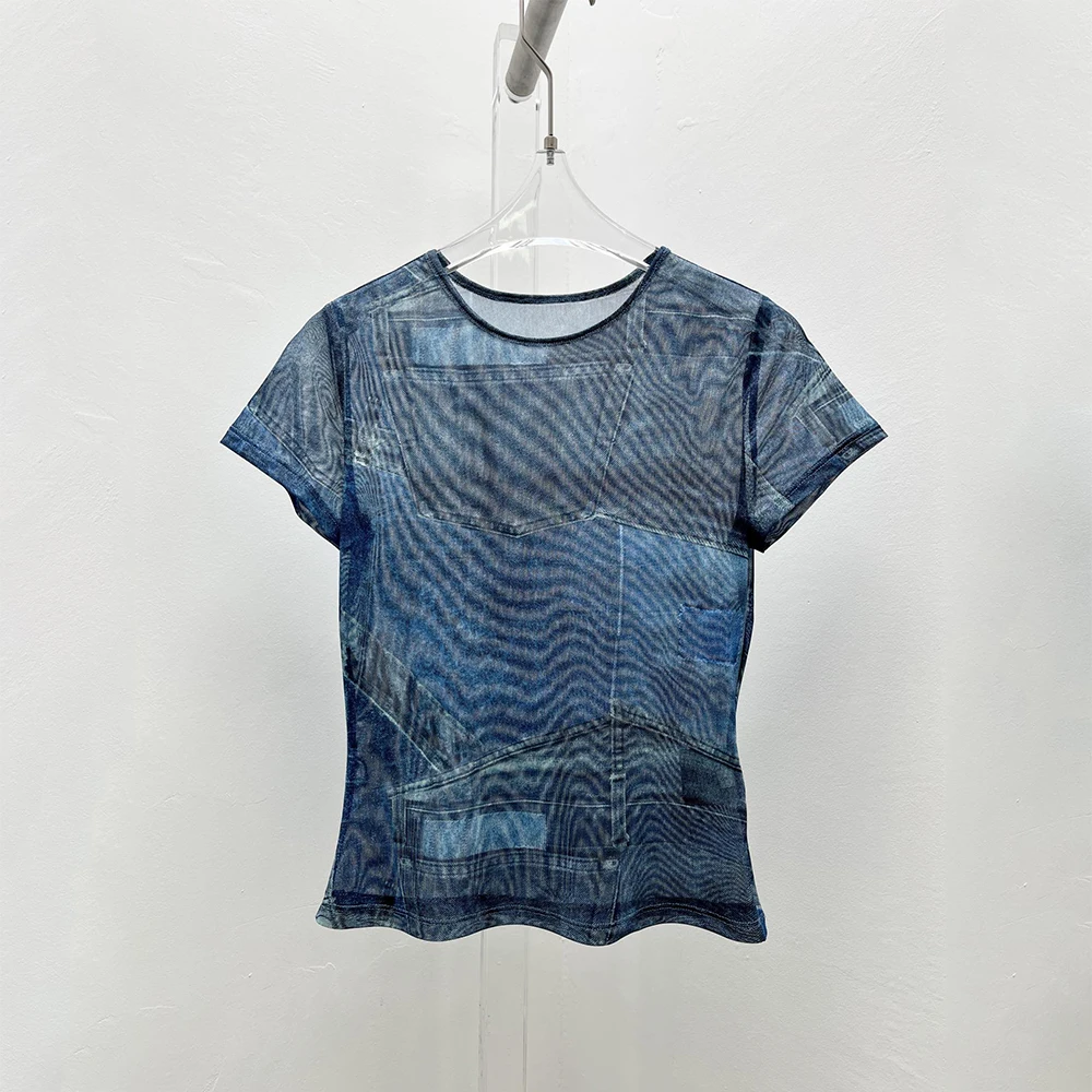 2025 Spring And Summer New Women's T-shirt Y2k Faux Denim Printed Round Neck Short Sleeve Sexy See-through Mesh Thin Tees Top