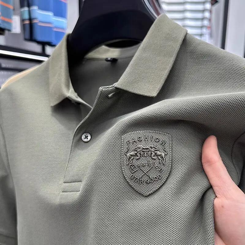 Ice Silk Short Sleeve  Shirt Men's Casual Turn-down Collar Embroidery Top City Walk Cool Feeling Lightweight Summer New A...
