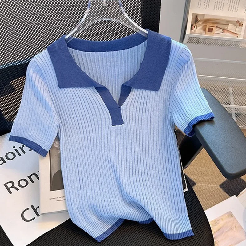 

Nice Summer New Simplicity Patchwork Knitting Turn-down Collar Short Sleeve T-Shirt Female All-match Pullover Slim Women Clothes