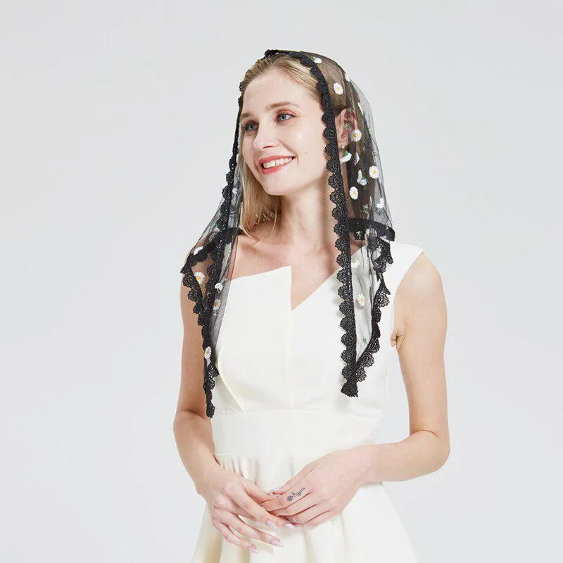 

Вышитый маленький цветок кружево треугольная молитвенная вуаль церковный головной убор шарф свадебная шаль для невесты и подружки невесты