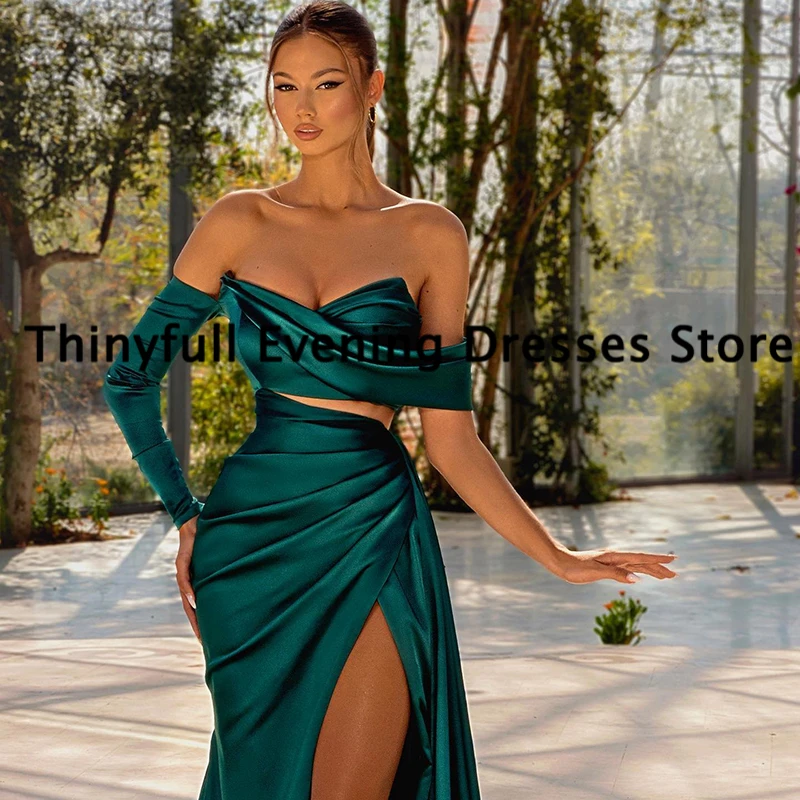 Thinyfull Sexy Mermaid Prom Dresses Green High Split Satin Evening Dress Formal Saudi Arabia Cocktail Party Gowns Custom Size