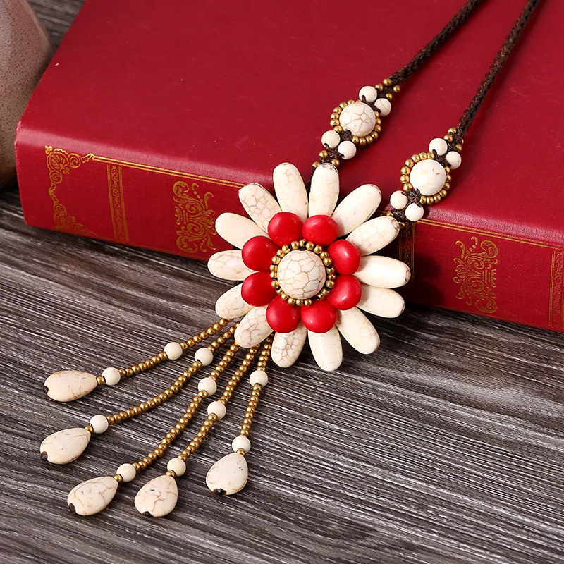 Boho Chic Hand-knitted Semi-gem Long Necklace Thai Wax Rope Braided Exaggerated Sweater Chain Jewelry Accessories