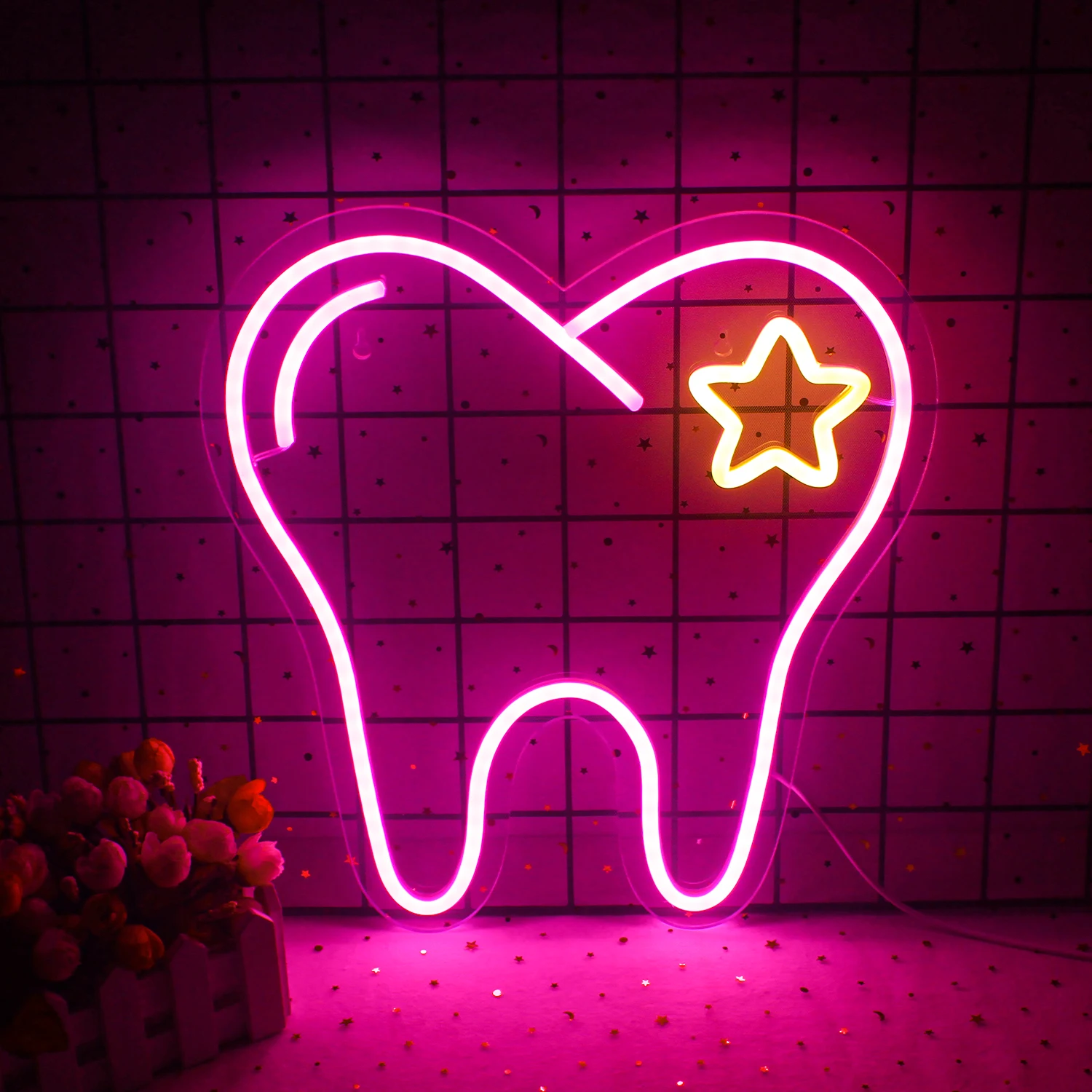 Imagem -02 - Sinal de Luz de Néon Led Rosa Dentes Dental Escritório Decoração da Parede Arte Suspensa Dentista Estudante Neon Lamp Luz de Néon