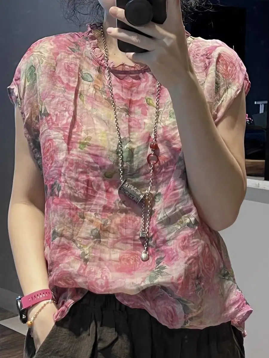 レトロな花柄プリントリネンスウェットシャツ女性夏ルーズスリムカジュアル薄い綿麻小さなトップアッパーアパレル