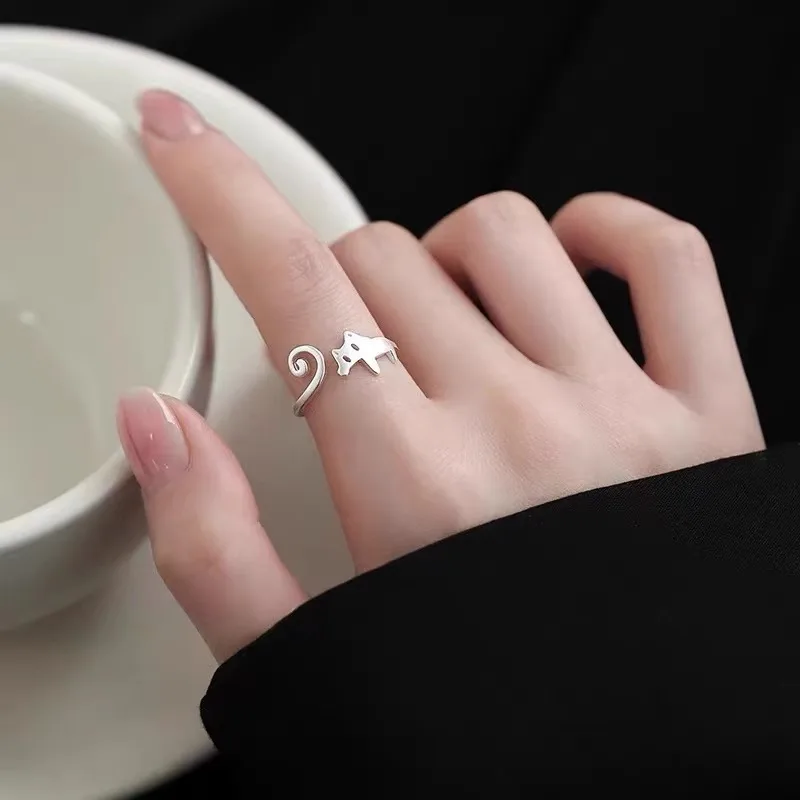 New Arrival Sweet Cute Cat 925 Sterling Silver Fashion Kitten Animal Exquiste Personality Opening Rings R331
