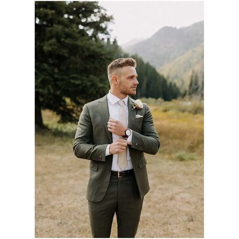 

Luxury Green Suits for Men Notch Lapel 2 Piece Jacket Pants Male Clothing Slim Fit Formal Wedding Party Groom's Blazers Sets