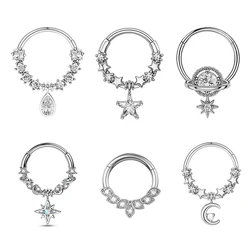 16G Septum Rings Dangle Septum Blue Planet Clear CZ Surgical Steel 316L Star Earring Moon Helix Earring Nose Ring Piercing