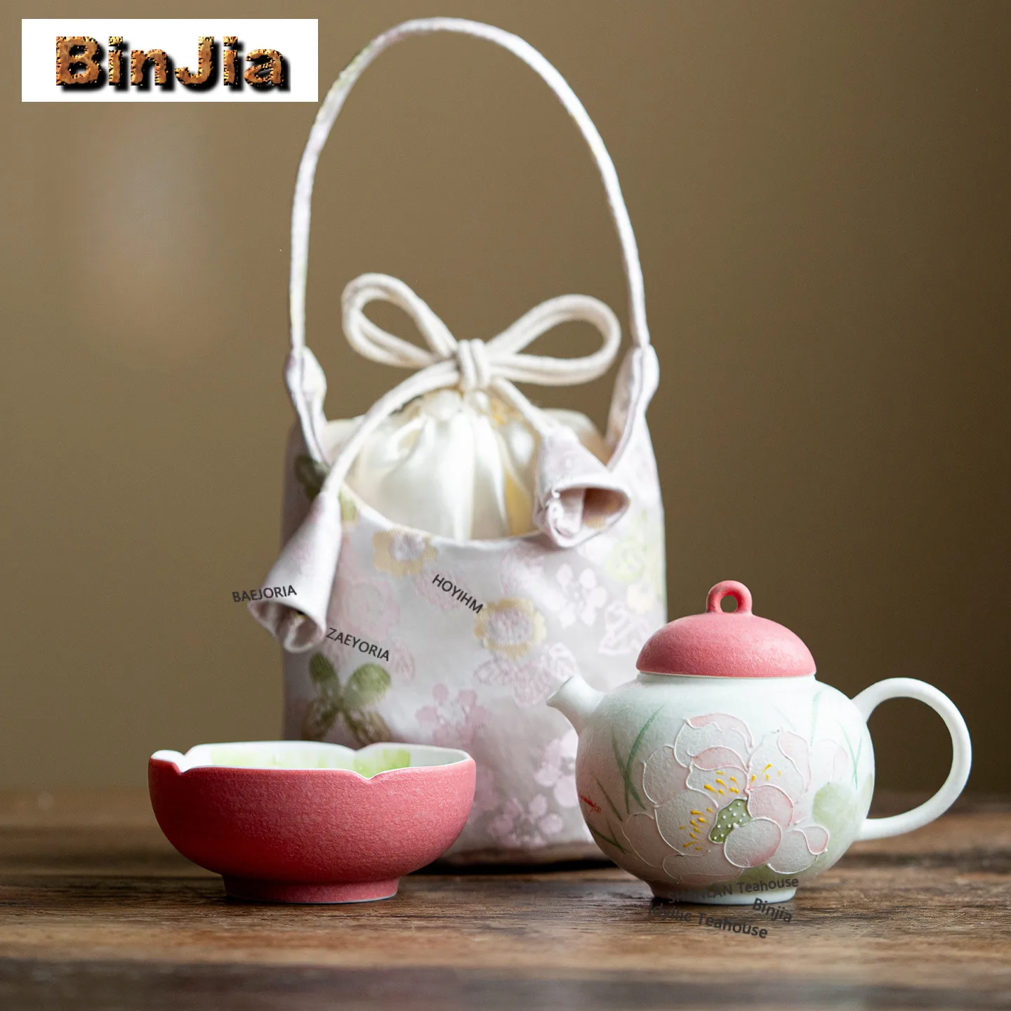 Hand-painted Lotus Travel Tea Set Kit Aesthetic 1 Pot 3 Cups Tea Making Organizer Portable Picnic Tote Bag Drinkware Collection