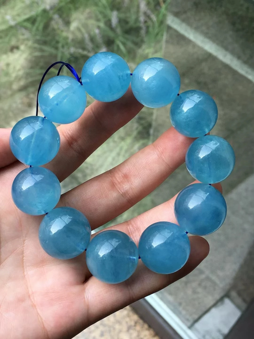 Natural Blue Aquamarine Clear Round Beads Bracelet 20mm Big Size Women Men Brazil Stretch Blue Aquamarine Jewelry AAAAA