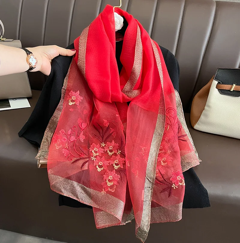 100 Percent Hangzhou Made Pure Silk Embroidered Floral Scarf For Women Lightweight Winter Warm Shawl Elegant Ladies Neck Wrap