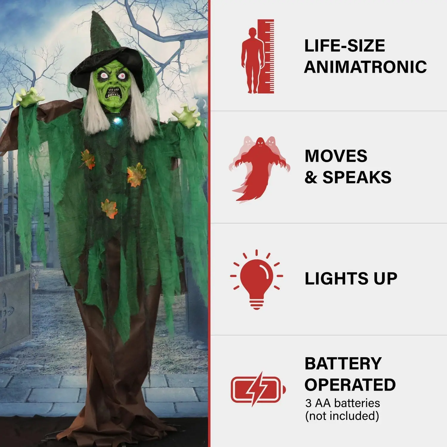 Halloween Animatronic Talking Forest Witch Prop with Lights and Motion, Battery Operated Scary Decoration for Indoor or Covered Outdoor Use, Creepy Halloween Props for Home 2