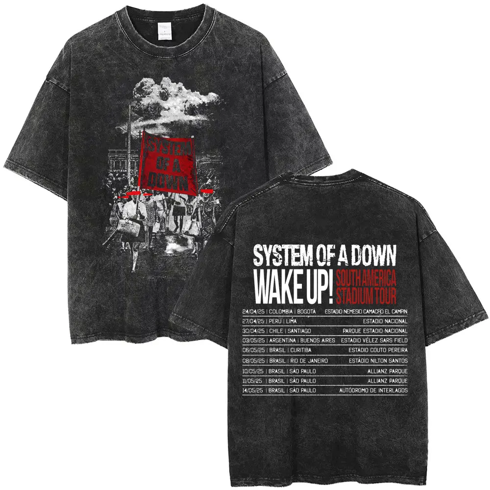 Washed Vintage System of A Down Wake Up Tour 2025 T Shirts Men Women Rock Oversized T Shirt 90s Alternative Metal Merch T-shirts