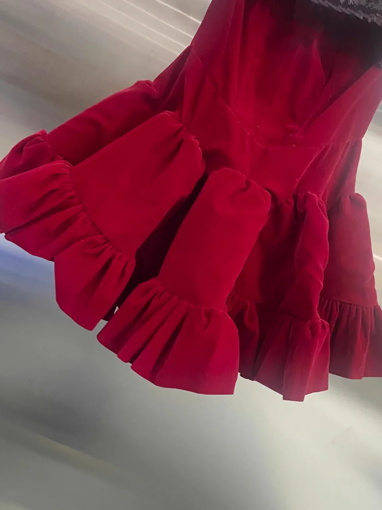 DFDG فستان نسائي 2025 ترتر أحمر بدون ظهر بحزام سباغيتي مرقع مخملي عالي الخصر فستان سهرة للربيع والصيف #6