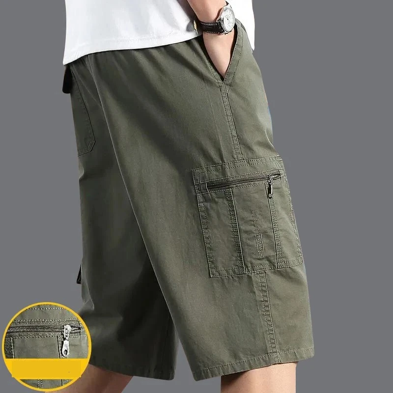 

Men's Knee Length Cotton Cargo Shorts Summer Zipper Pocket Fashion Loose Straight Workwear Comfortable Beach Running Short Pants