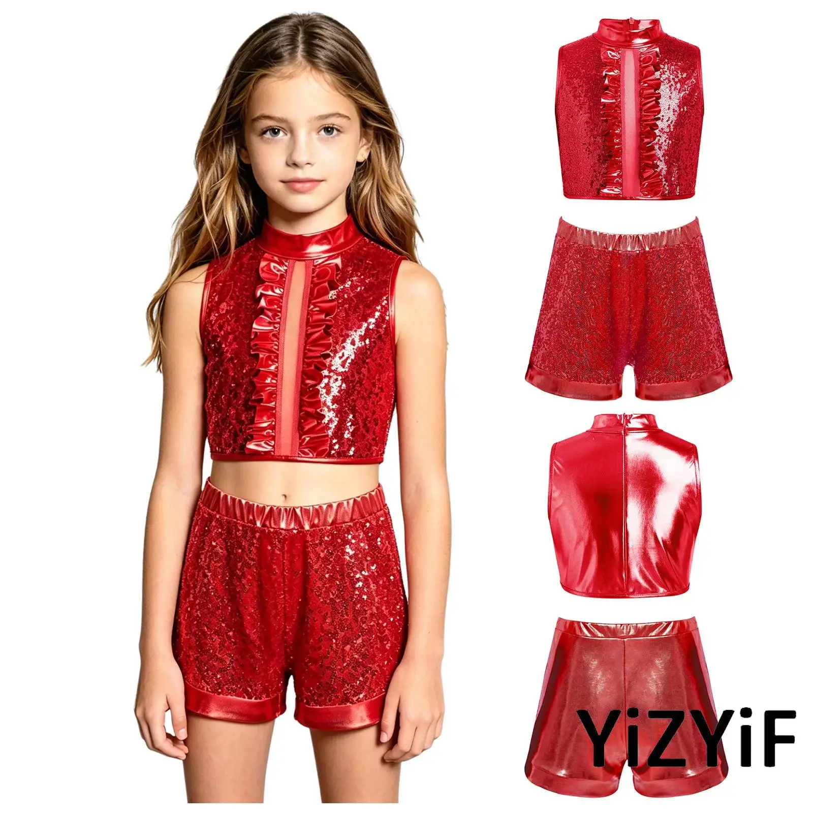 

Girls Jazz Stage Dance Costume Set Mock Neck Sleeveless Sequin Metallic Ruffles Crop Top with Shorts Hip Hop Disco Dance Outfit