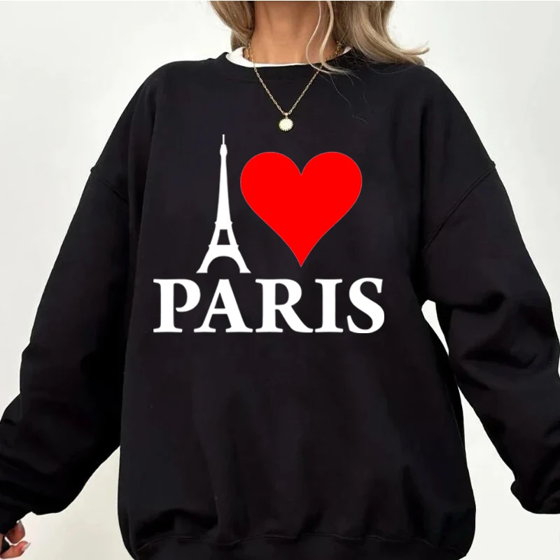 

I Love Paris Printed Crew Neck Sweatshirt Unique Print Design Casual and Fashionable Crew Neck Sweatshirt American Sports Style