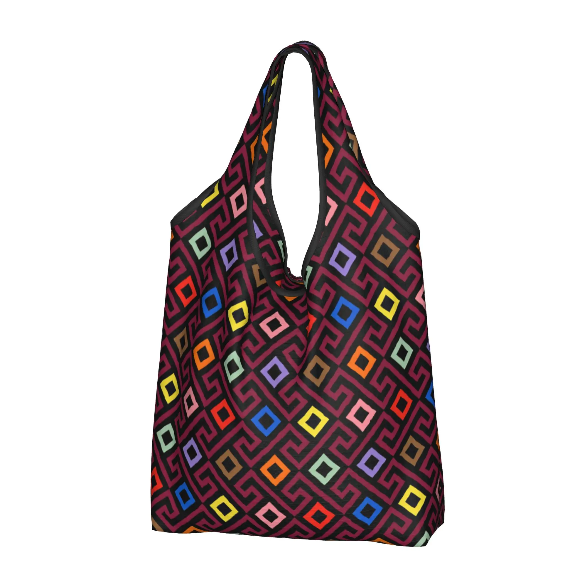 Custom Greek key Meander  Shopping Bag Women Portable Large Capacity Grocery Continuous Diamond Pattern Tote Shopper Bags