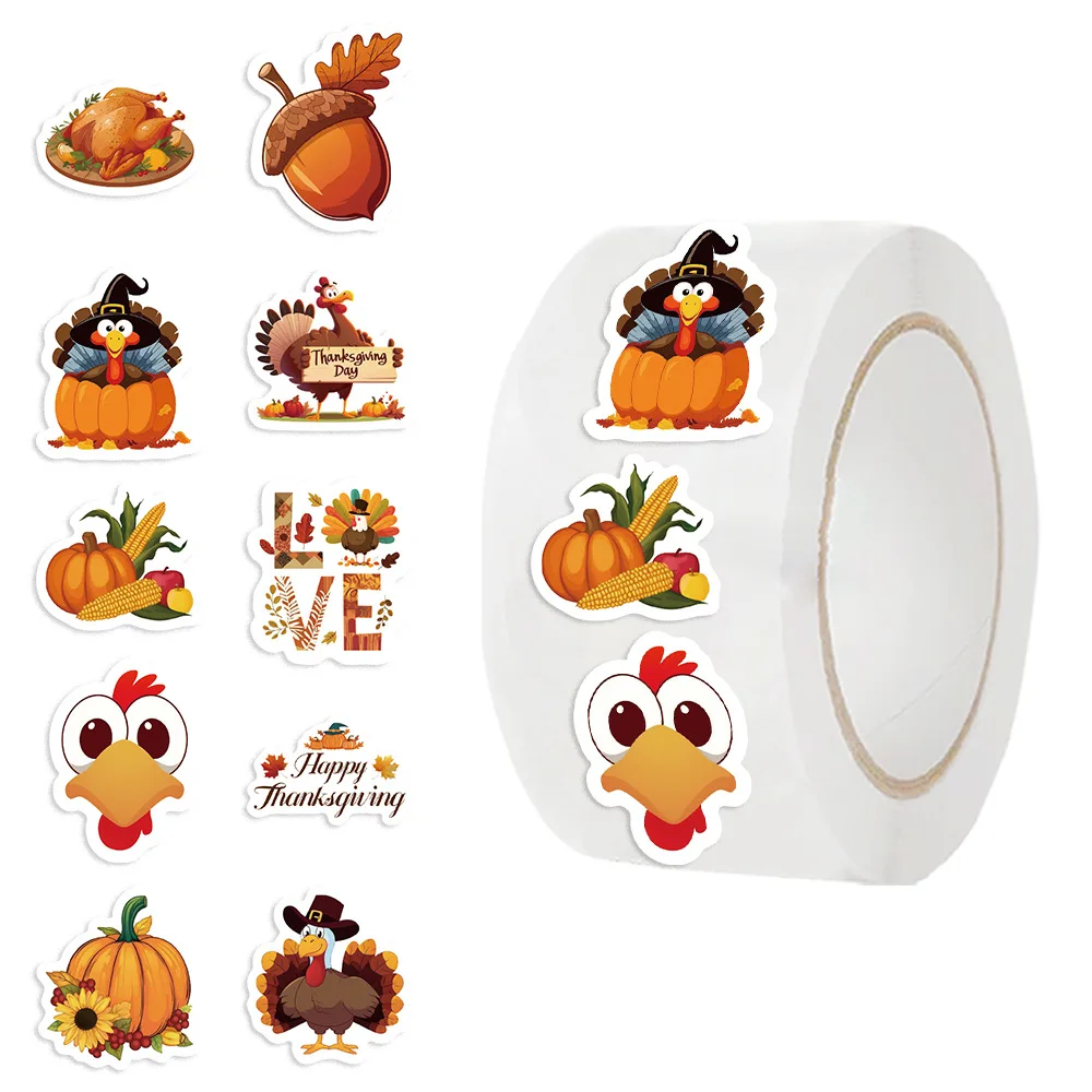500Pcs Thanksgiving Stickers Roll, 10 Designs Turkey Pumpkin Autumn Decals, Waterproof Fall Harvest Stickers for Gift Wrapping