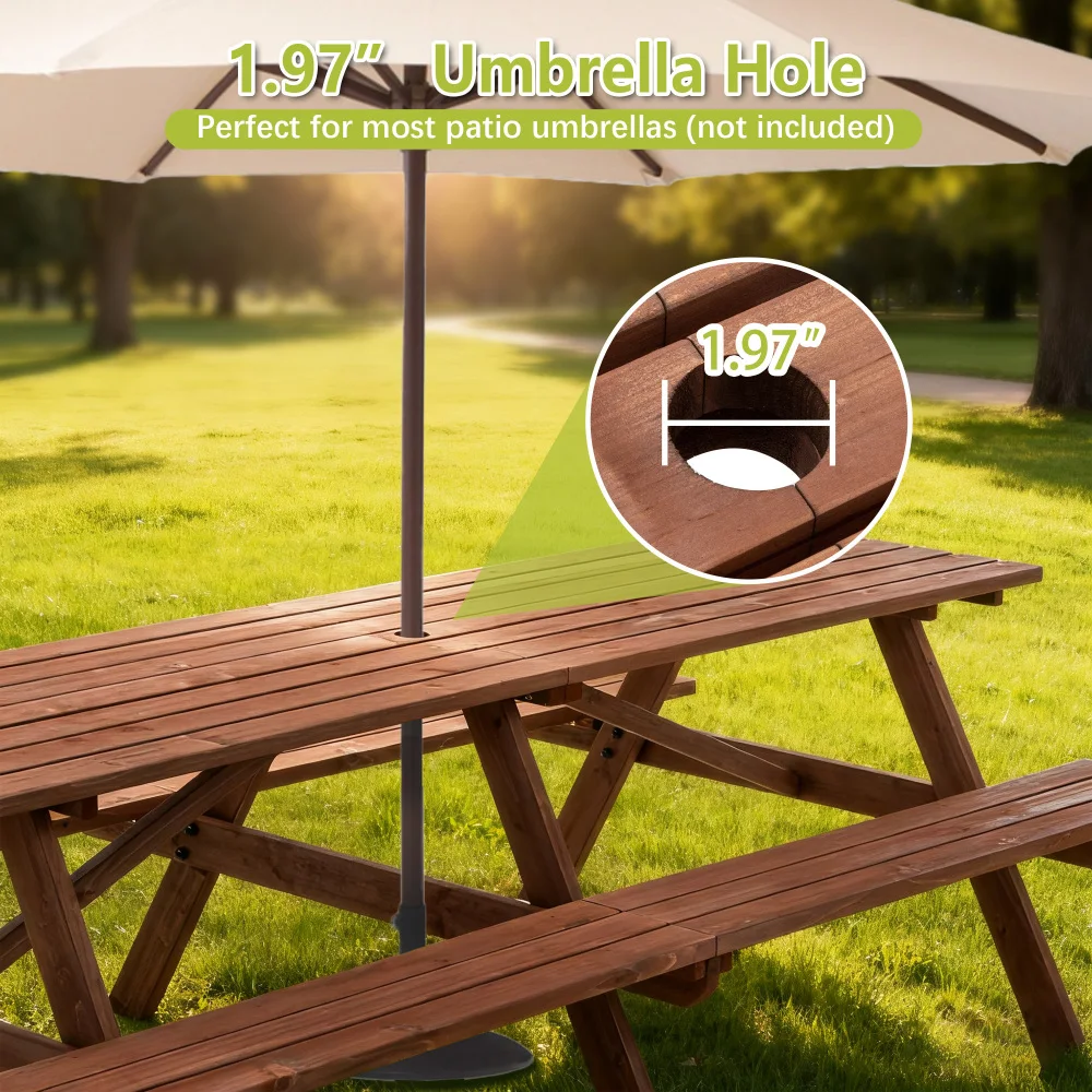 Conjunto de Mesa de Piquenique Extragrande de 95 Polegadas para Exterior: 12 Pessoas, Bancos, Furo para Guarda-chuva, Marrom Rústico