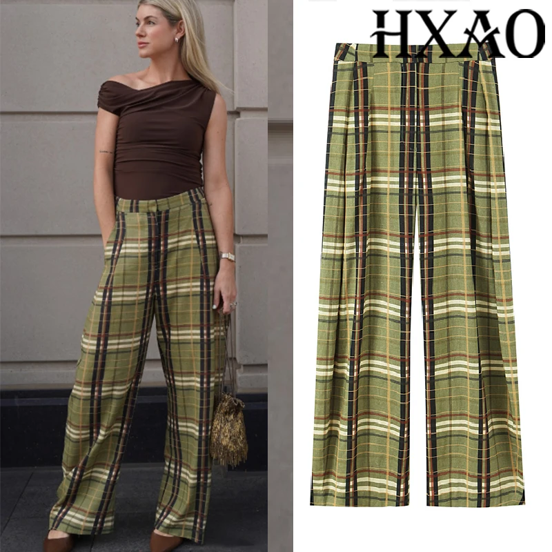 HXAO Plaid Pants For Woman Green Baggy Wide Pants Women Autumn Pleats Casual Long Pants Office Mid Waist Check Women's Trousers