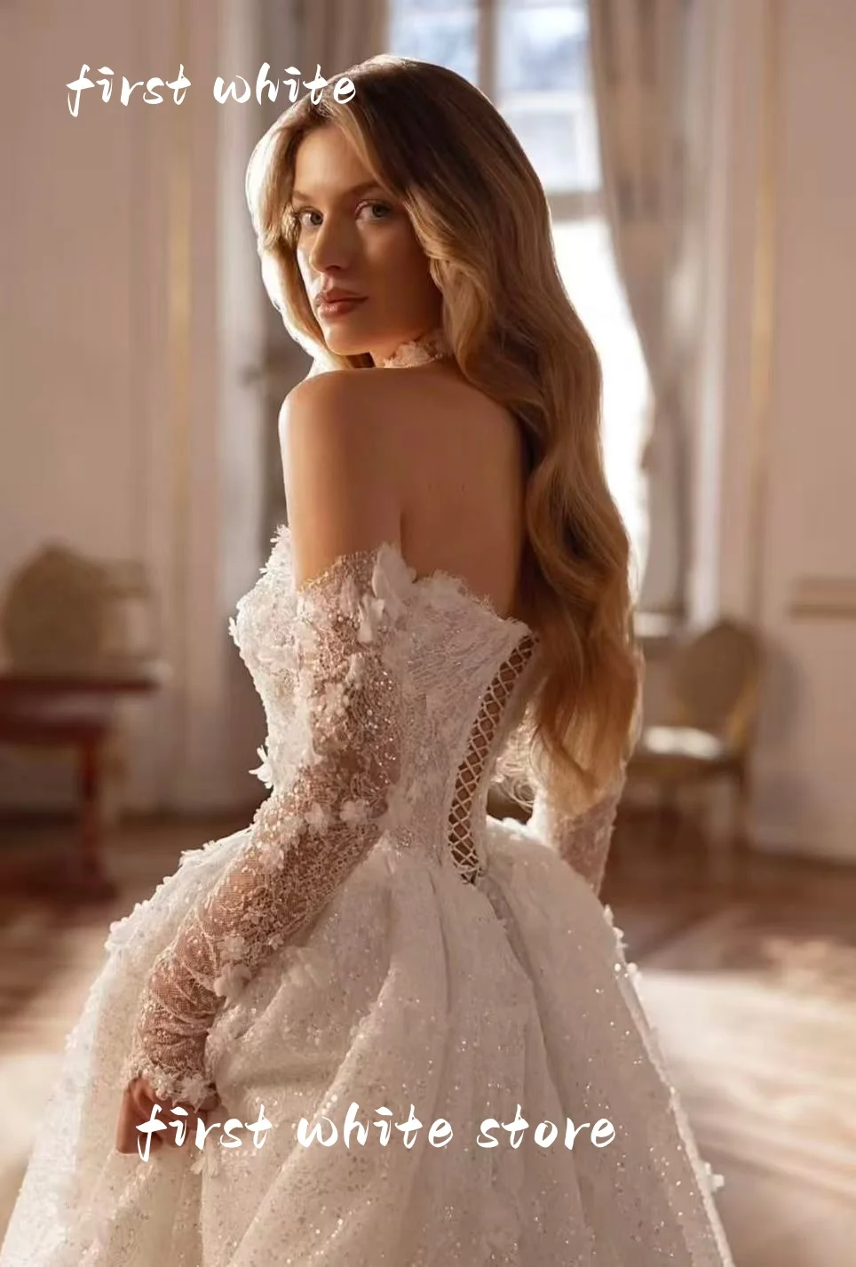 Luxury Sequined 3D Flowers Lace Wedding Dresses Scoop Neck A-Line Bridal Gown Customzied 2026 Vestido De Noiva