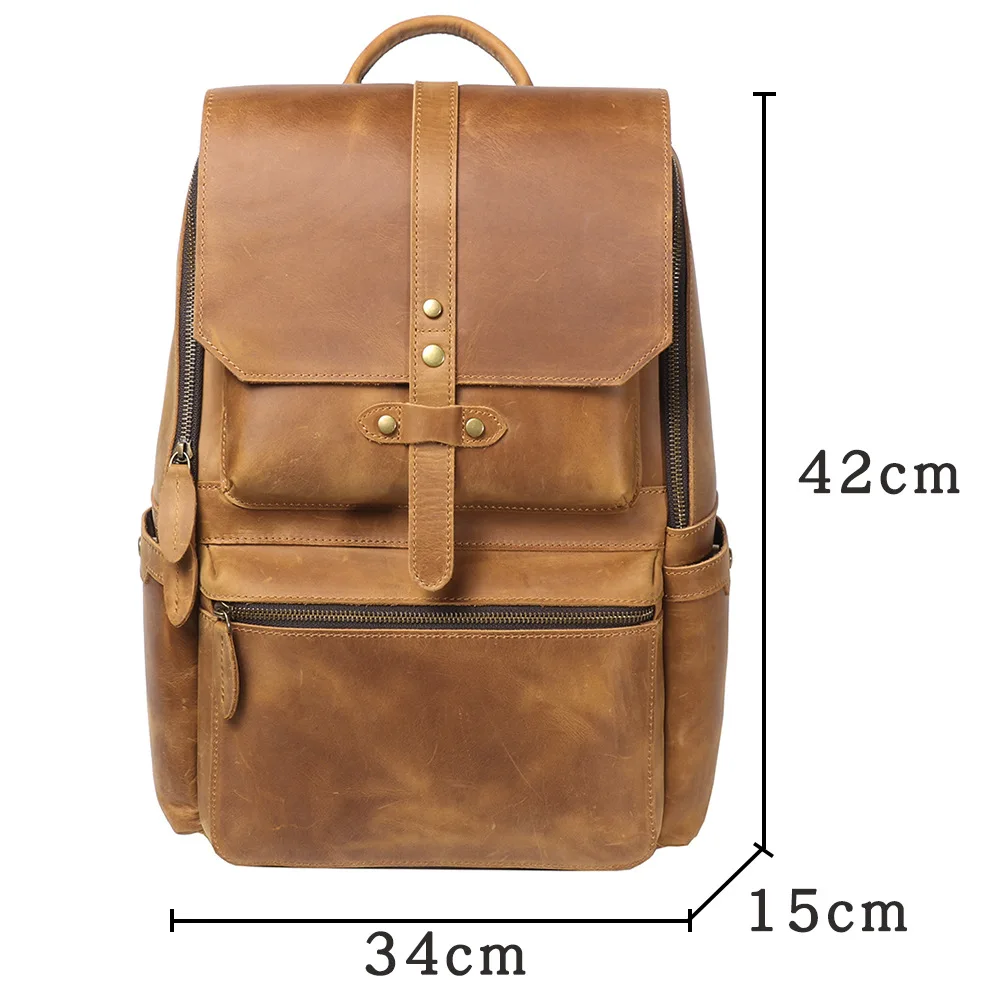 Mochila masculina de couro vintage, mochila de viagem de couro de cavalo louco, bolsa para laptop de grande capacidade