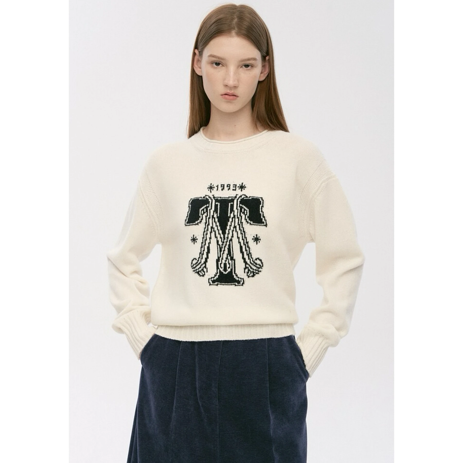 Simple Early Spring Commute Sle Knitted Sweater Lemon Cheese round Ne Letter Embroidery Easy Wear Women's Long Sve Top