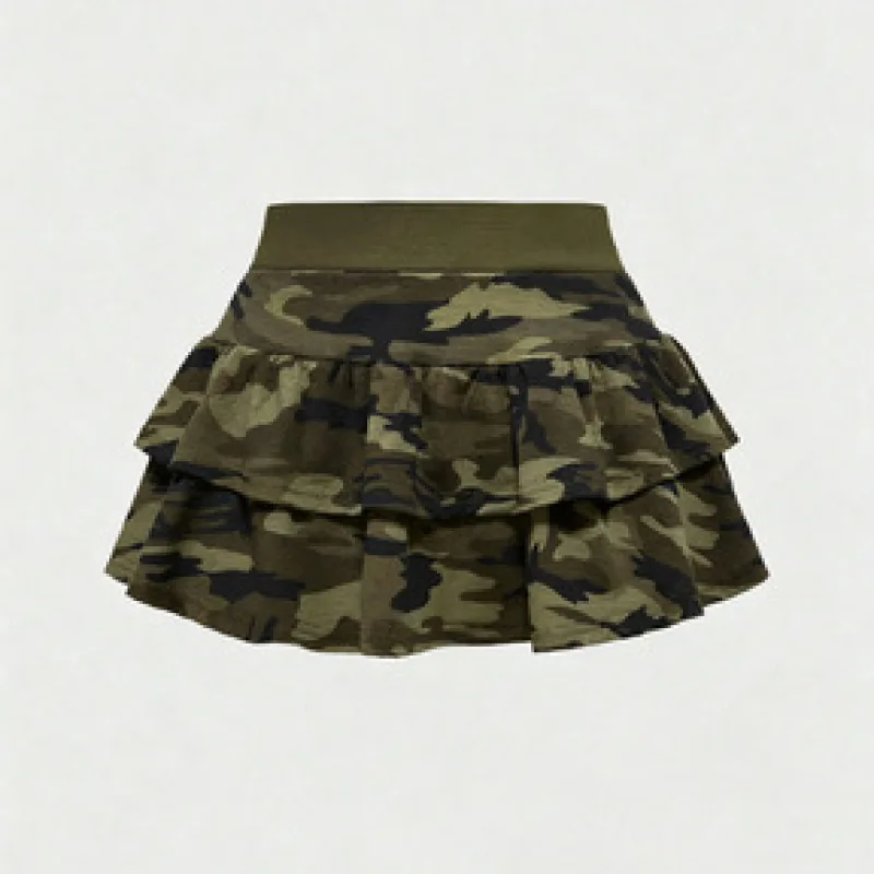 Camouflage Layered Ruffle Mini Skirt London Letter Rhinestone Decor Elastic Waist Y2K Casual Short Skirt