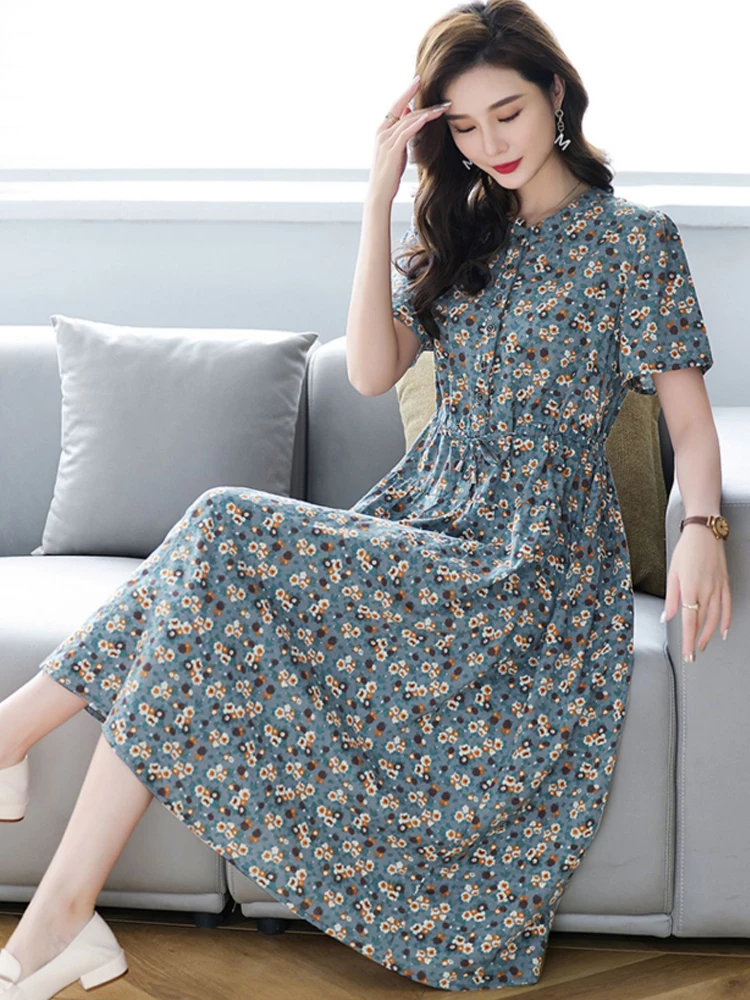 Cotton Dresses Women 2023 New Summer Elegant Floral Print Drawstring Maxi Dress Casual Loose Mommy Clothes Robe Femme 4XL