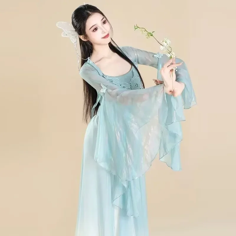 Trajes de actuación de bailarina clásica china, pantalones de gasa de mariposa, ropa de práctica, rima corporal, vestido de baile de estilo chino