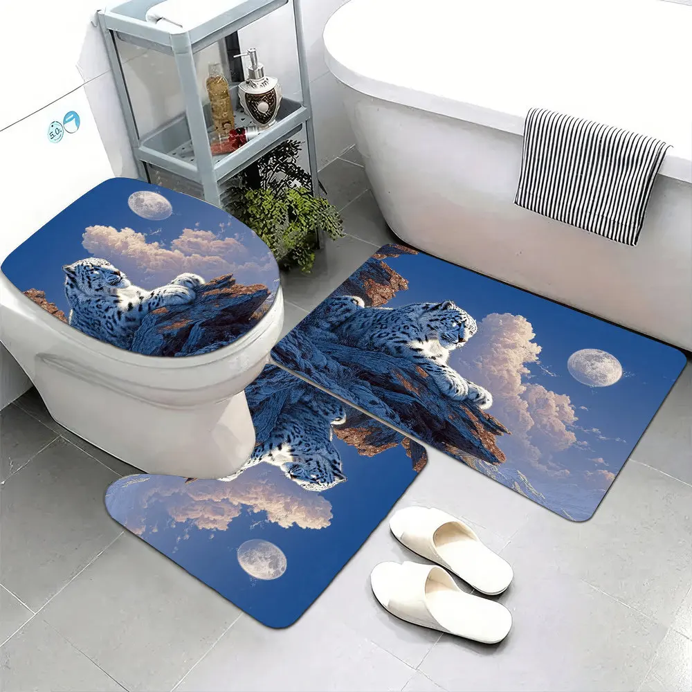 

3pcs Super Soft Bathroom Floor Mats Set, Non-slip Backing, Beautiful Snow Leopard Resting On The Rocks Of A Mountain with A Prin