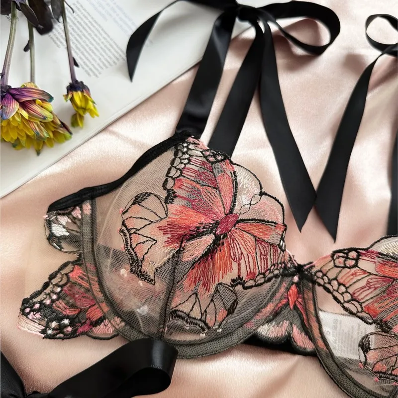 Butterfly Fantasy Lingerie Sheer Mesh Bra Panty with Bowknot Straps Exotic Lavender Underwear for Role Play Sexy Hot