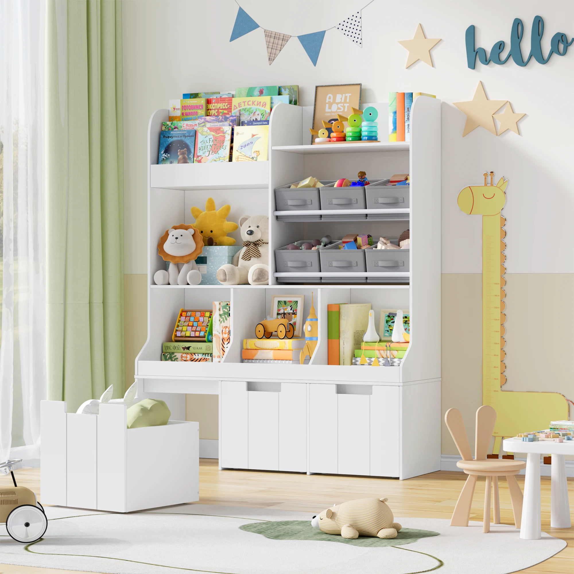 Prateleira infantil com boxe sobre rodas, estante infantil com 4 compartimentos de armazenamento e 6 gavetas de pano, prateleira para brinquedos Quarto infantil para