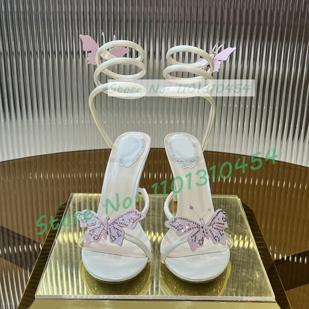 Yellow Butterfly Snake Wrap Sandals Women Gorgeous Trendy Open Toe Crystal Stiletto High Heels Sandals Luxury Cow Leather Shoes