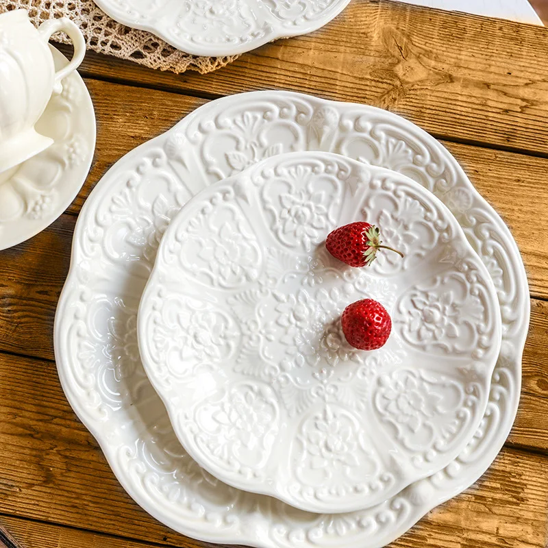 Western Style Retro White Steak Plate, Dessert Plate, Tableware, Embossed Meal, Exquisite Fruit Plate, Breakfast Plate