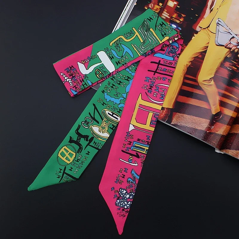 Small Silk Scarf For Women 2024 New Print Handle Bag Ribbons Brand Fashion Head Scarf Small Long Skinny Scarves