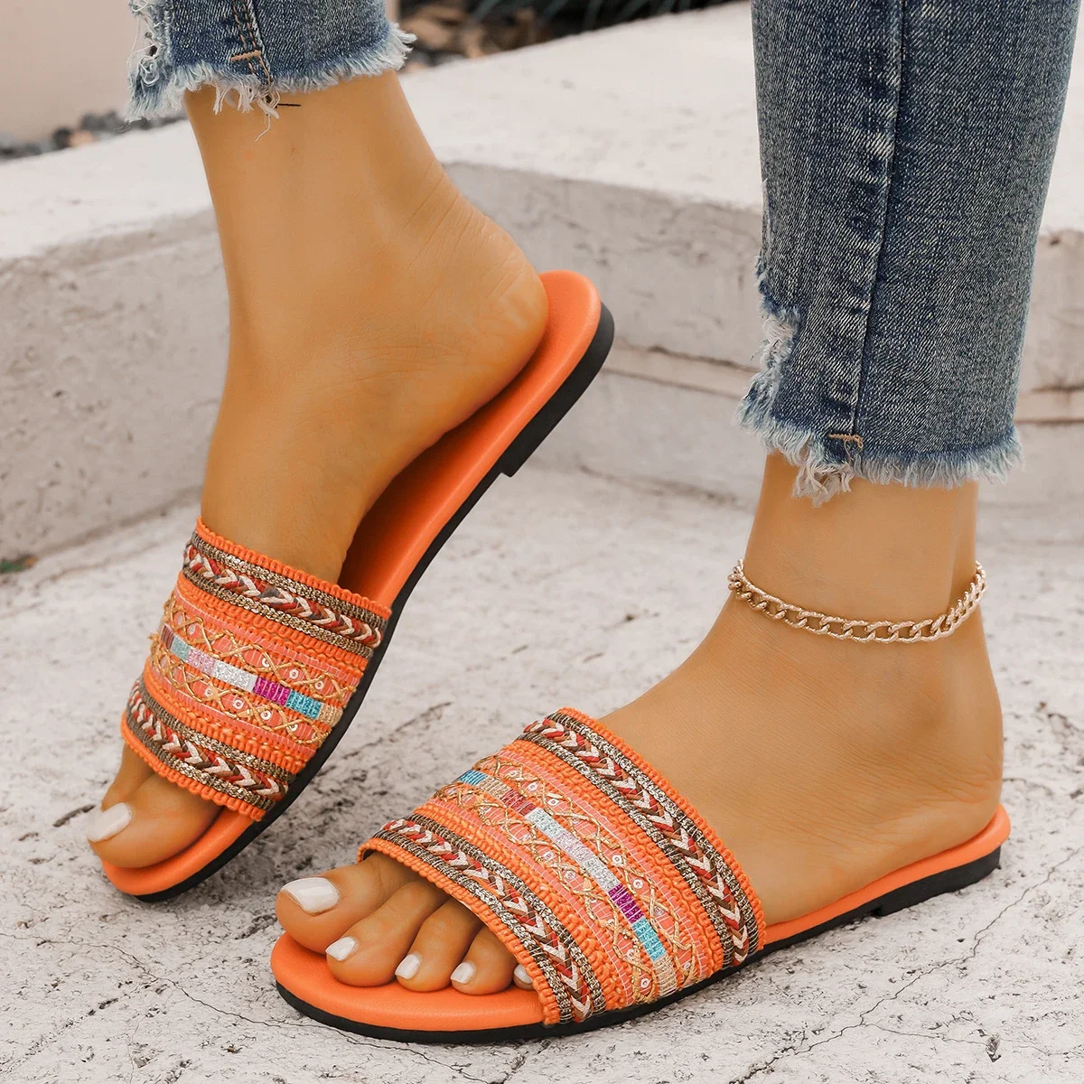 

Pop New Fashion Flat Slippers For Women Bohemian Style Round Toe Open Toe Slides Woman Lightweight Beach Flip Flops Size 36-43