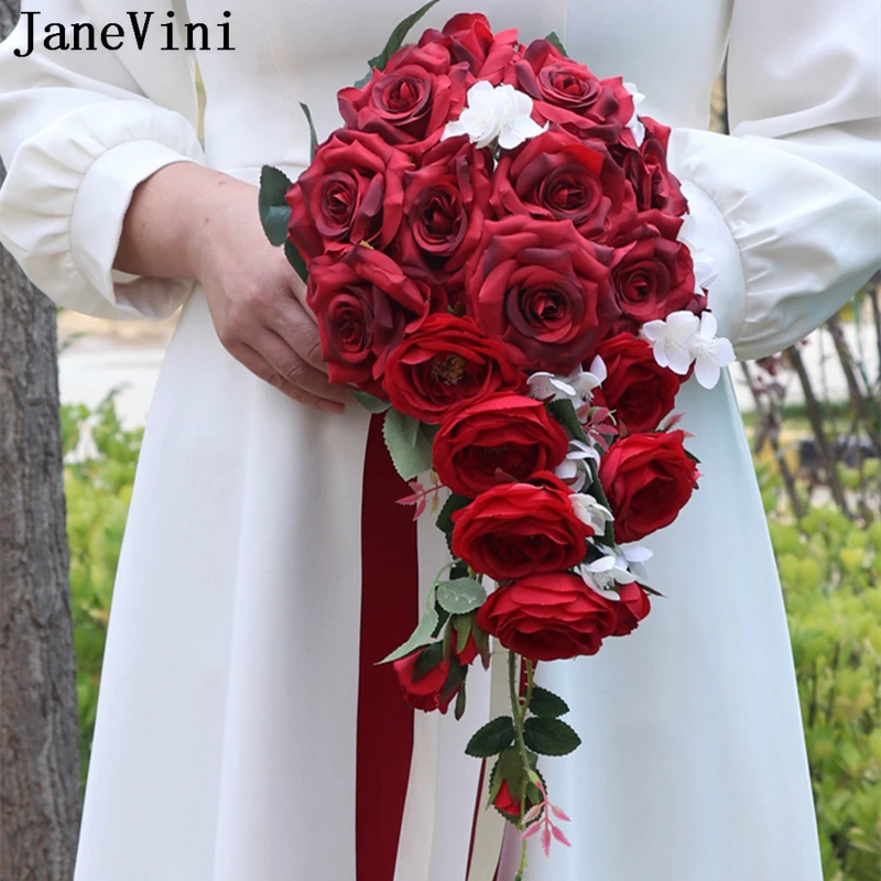 JaneVini-ramo De flores artificiales para novia, flores De boda, cascada roja Vintage