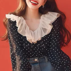 Chiffon Women's Shirt Summer Print Vintage Blouses Loose Long Sleeve Women Tops O-necks Ruffles Fashion Clothing 2024 Korean