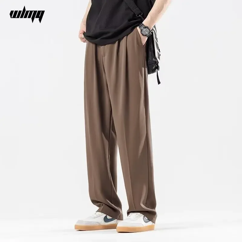 الصيف الرجال أنيقة البدلة الاجتماعية السراويل البريطانية الصلبة مستقيم واسعة الساق الأعمال بناطيل كاجوال موضة Y2k اليابانية الشارع الشهير