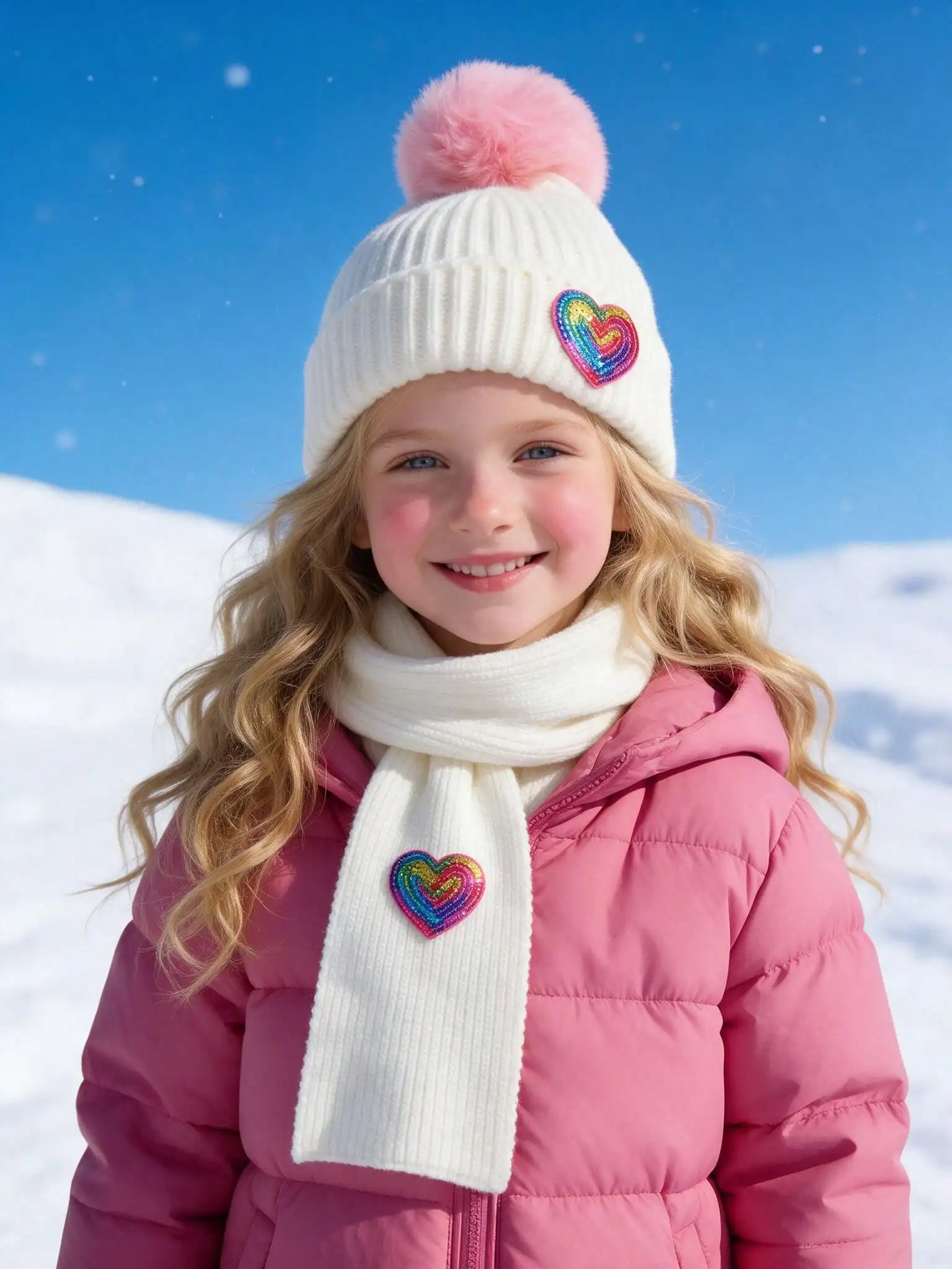 2pcs 3-8Y Kids Girls Cute Sequin Heart Knit Set, Beanie & Scarf Kit for Little Girls
