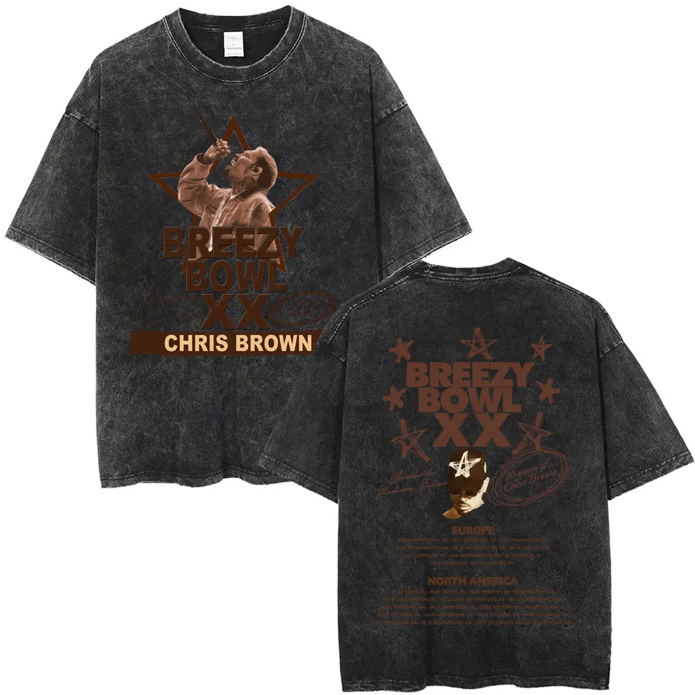 

Washed Vintage Rapper Chris Brown Breezy Bowl XX Tour 2025 T Shirts Men Women Hip Hop Fashion T-shirts Tops Oversized Streetwear